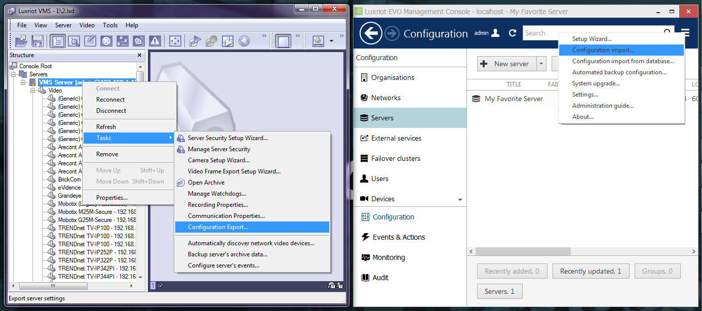 Use exported VMS configuration in EVO Console