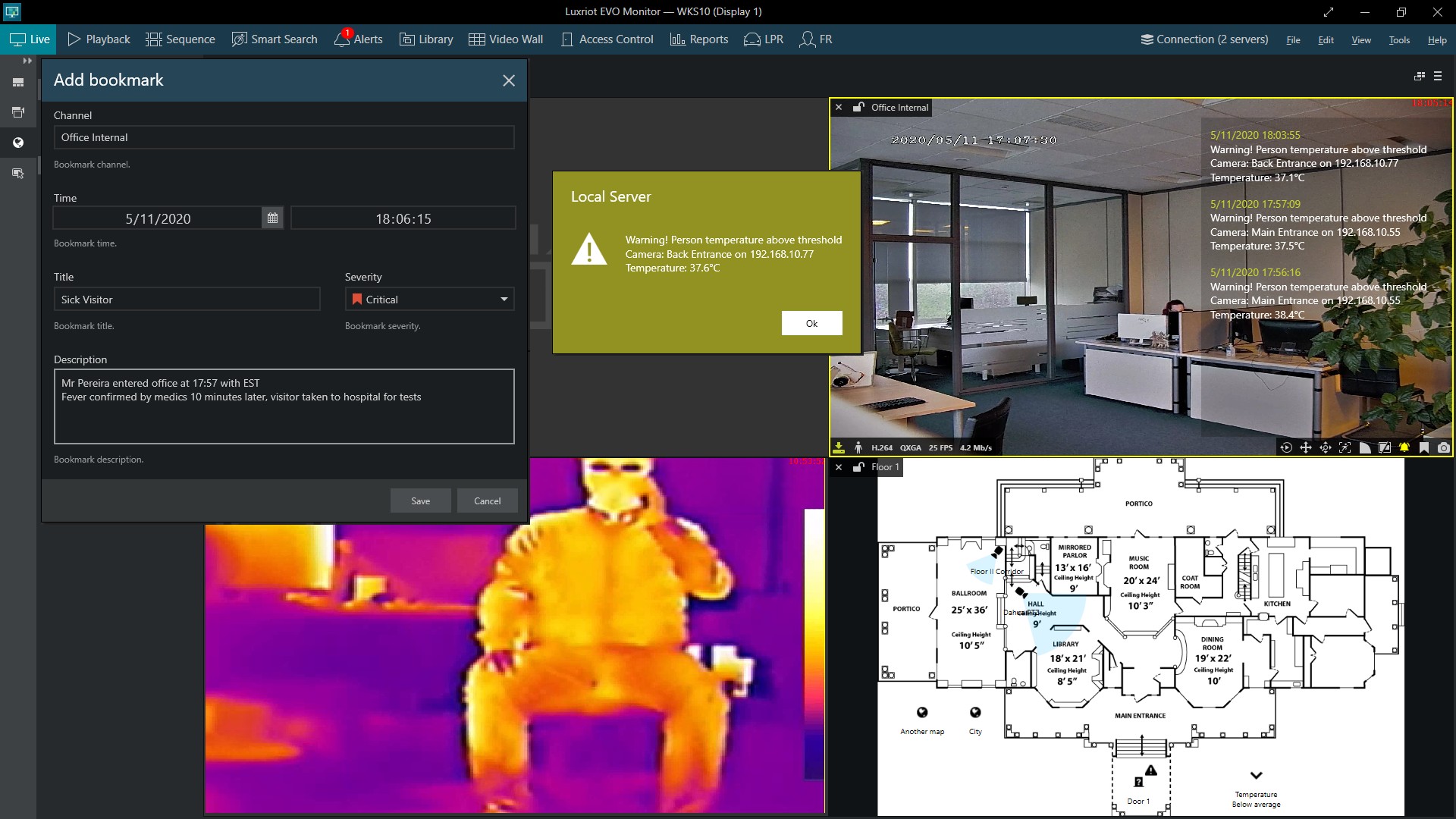 Thermal events with bookmarks and pop-ups in Evo Monitor